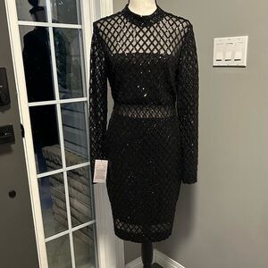le château Black Long-Sleeve Sequin Lattice Dress